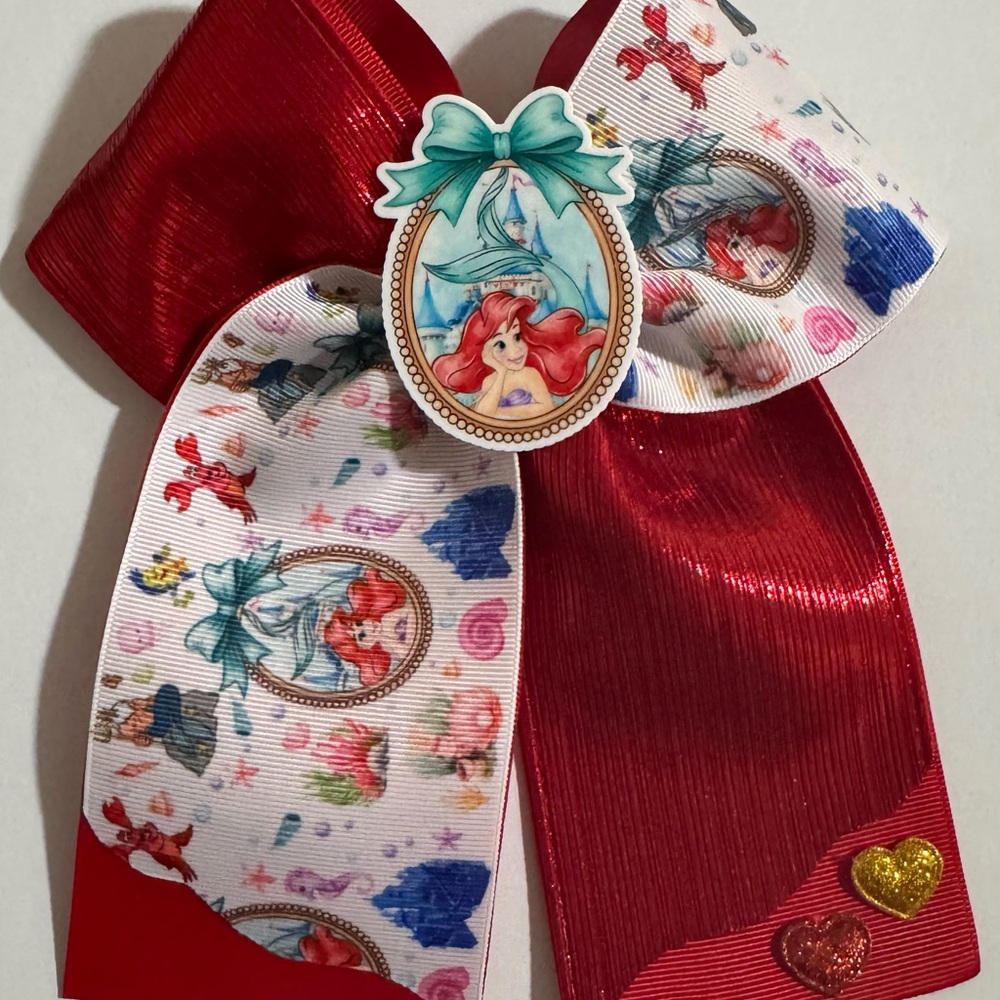 Red Ariel-Themed Kids Hair Bow with Printed Ribbon Accent